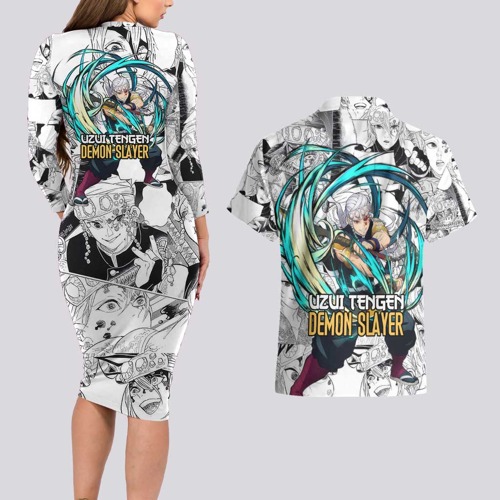 Uzui Tengen Manga Collage Demon Slayer Couples Matching Long Sleeve Bodycon Dress and Hawaiian Shirt Anime Style