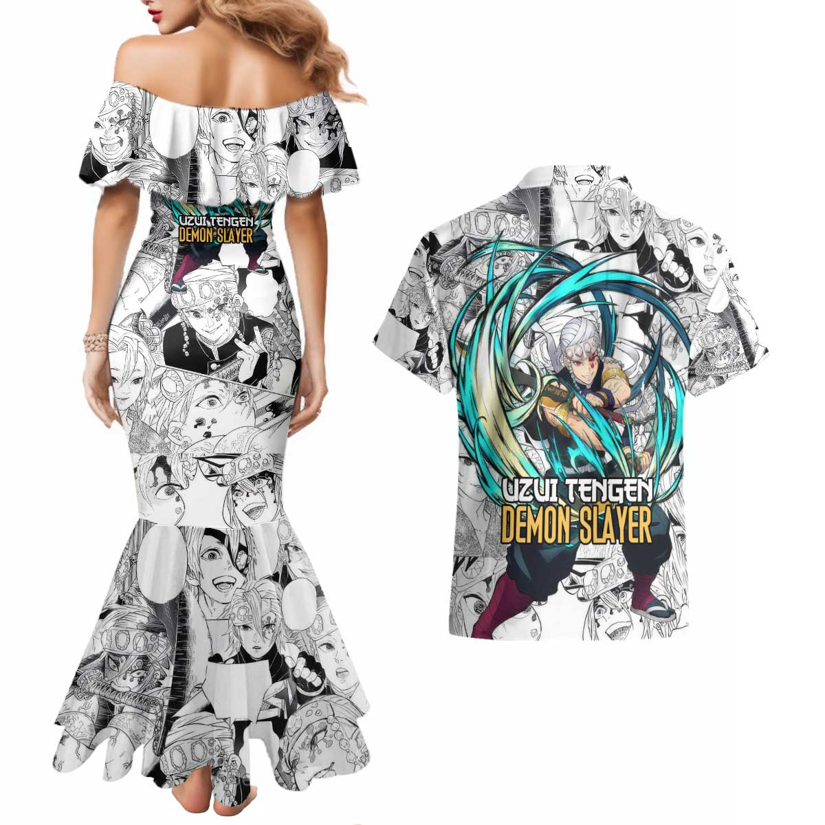 Uzui Tengen Manga Collage Demon Slayer Couples Matching Mermaid Dress and Hawaiian Shirt Anime Style