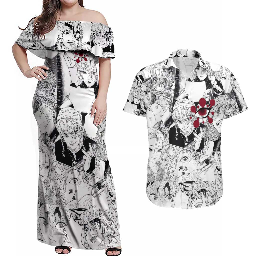 Uzui Tengen Manga Collage Demon Slayer Couples Matching Off Shoulder Maxi Dress and Hawaiian Shirt Anime Style