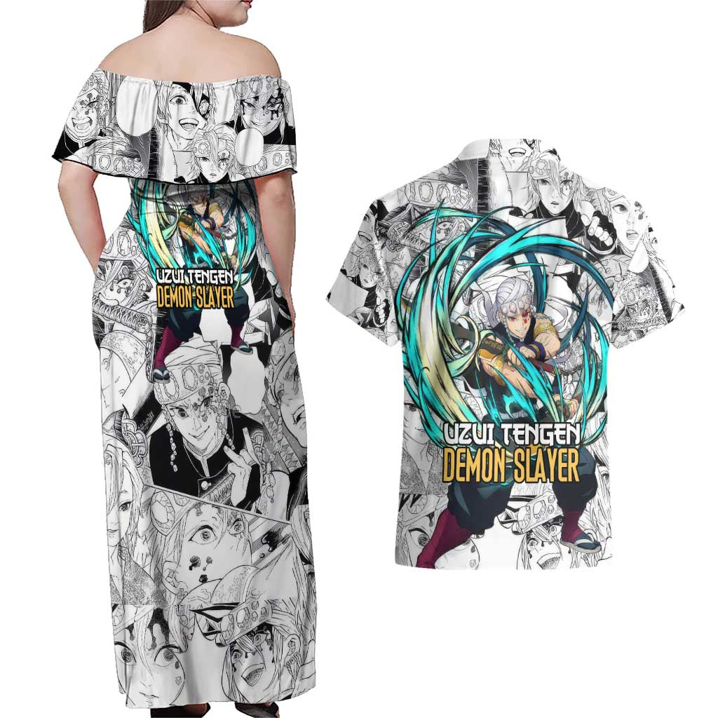 Uzui Tengen Manga Collage Demon Slayer Couples Matching Off Shoulder Maxi Dress and Hawaiian Shirt Anime Style