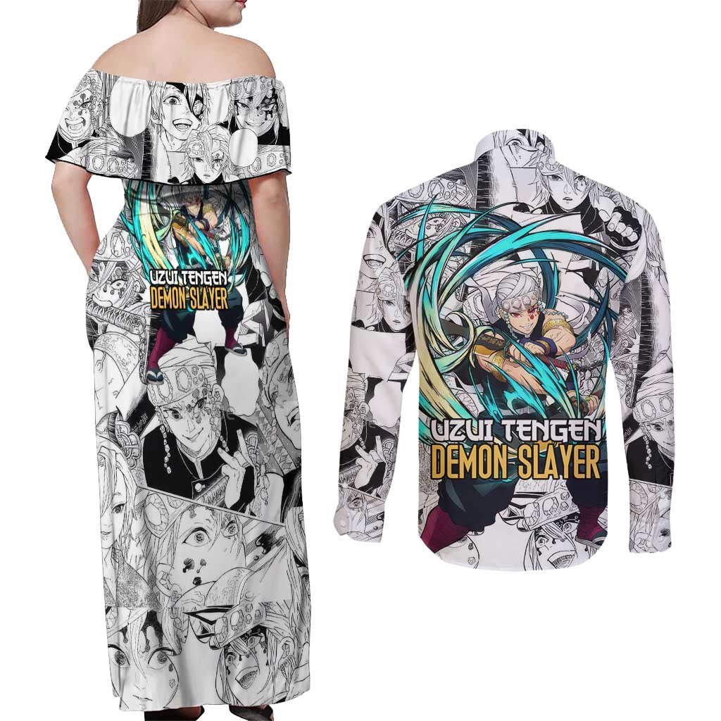 Uzui Tengen Manga Collage Demon Slayer Couples Matching Off Shoulder Maxi Dress and Long Sleeve Button Shirt Anime Style