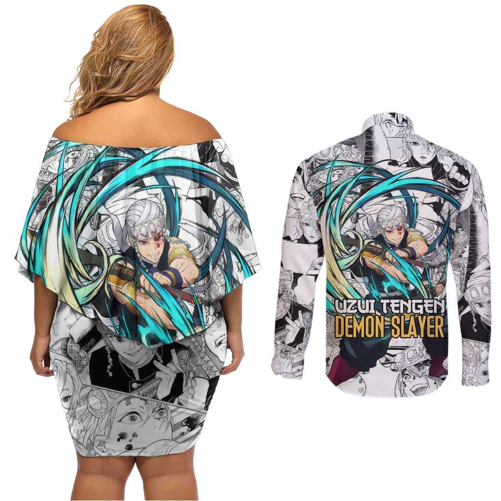 Uzui Tengen Manga Collage Demon Slayer Couples Matching Off Shoulder Short Dress and Long Sleeve Button Shirt Anime Style