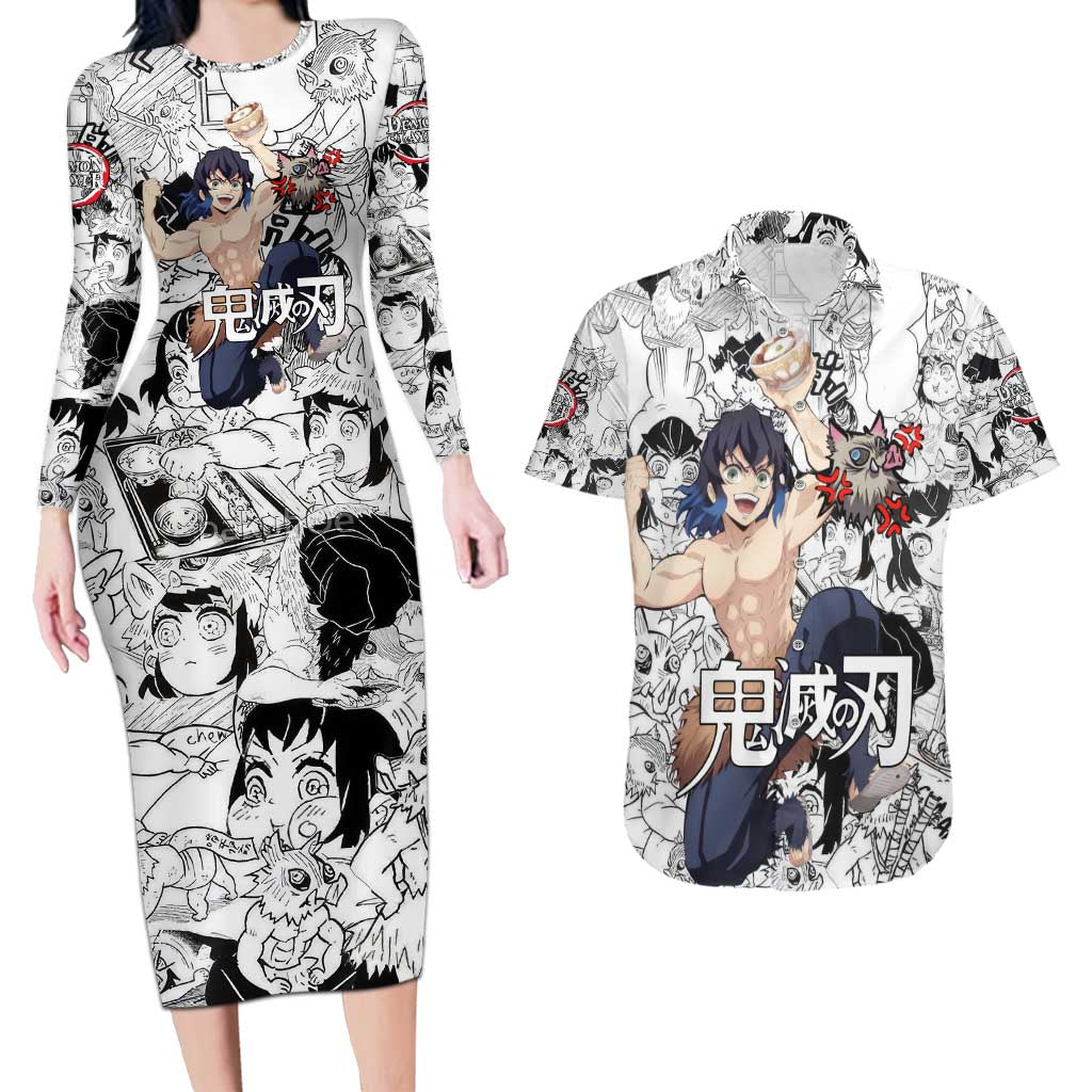Hashibira Inosuke Manga Collage Demon Slayer Couples Matching Long Sleeve Bodycon Dress and Hawaiian Shirt Anime Mix Manga Style