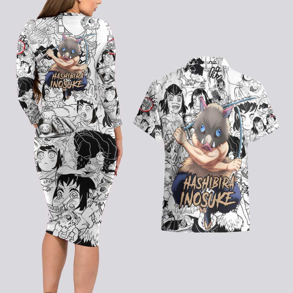 Hashibira Inosuke Manga Collage Demon Slayer Couples Matching Long Sleeve Bodycon Dress and Hawaiian Shirt Anime Mix Manga Style