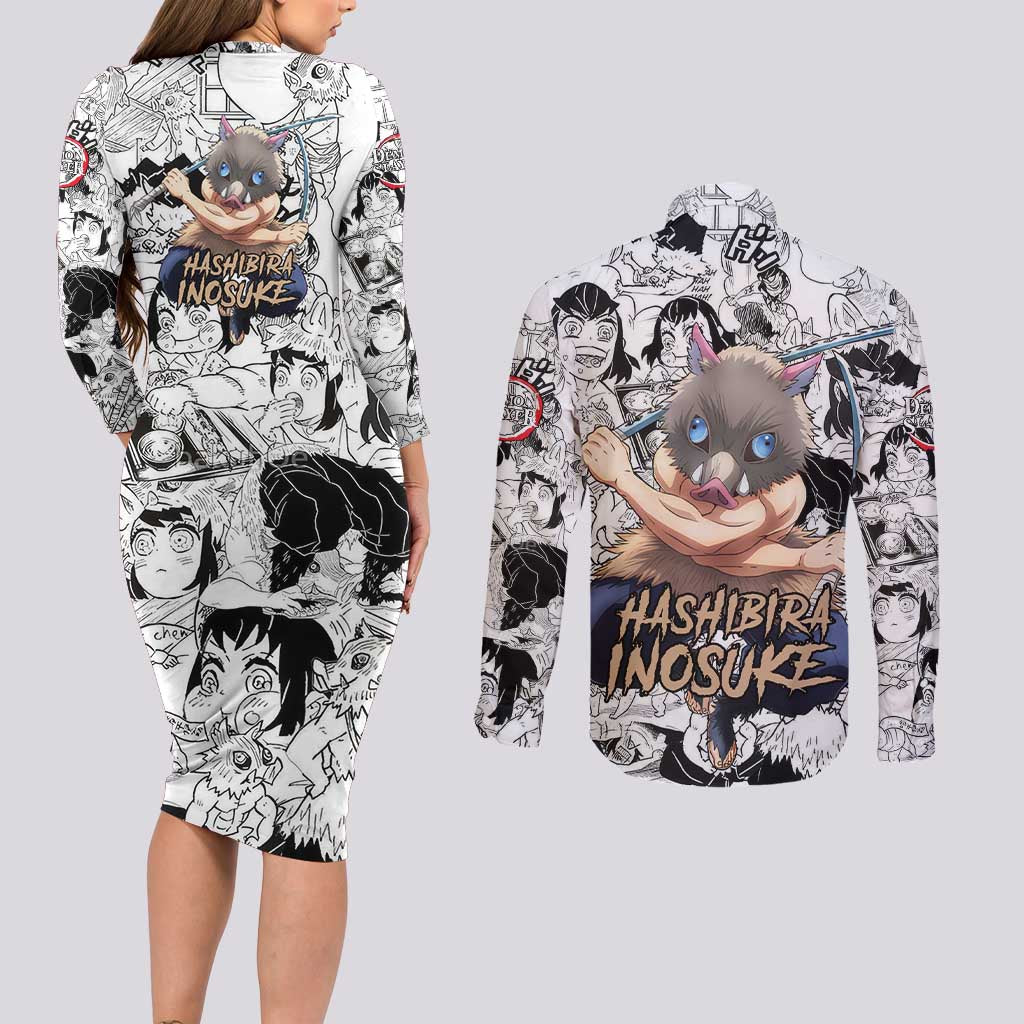 Hashibira Inosuke Manga Collage Demon Slayer Couples Matching Long Sleeve Bodycon Dress and Long Sleeve Button Shirt Anime Mix Manga Style