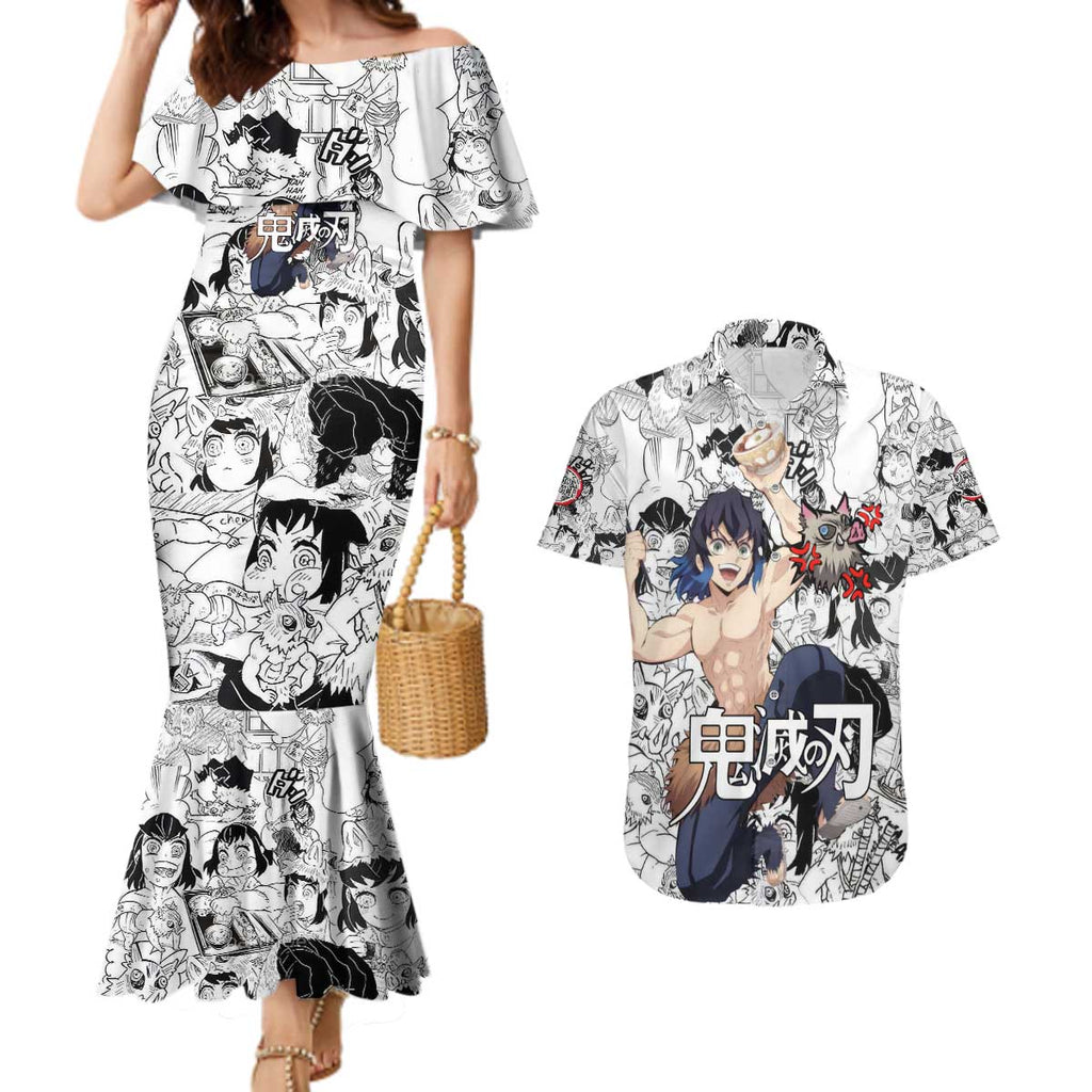 Hashibira Inosuke Manga Collage Demon Slayer Couples Matching Mermaid Dress and Hawaiian Shirt Anime Mix Manga Style