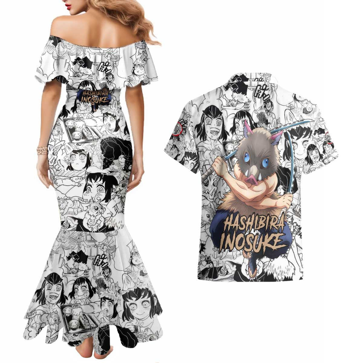 Hashibira Inosuke Manga Collage Demon Slayer Couples Matching Mermaid Dress and Hawaiian Shirt Anime Mix Manga Style