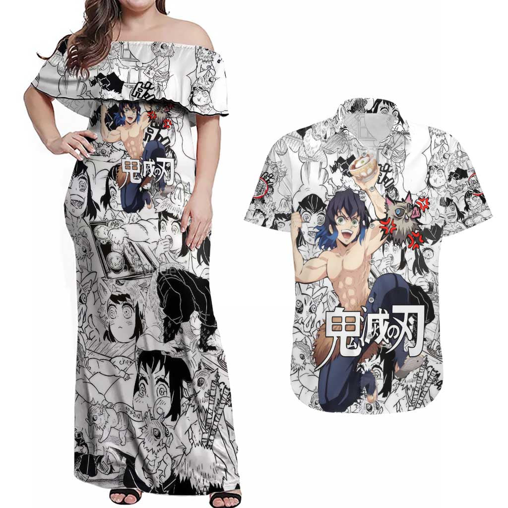 Hashibira Inosuke Manga Collage Demon Slayer Couples Matching Off Shoulder Maxi Dress and Hawaiian Shirt Anime Mix Manga Style