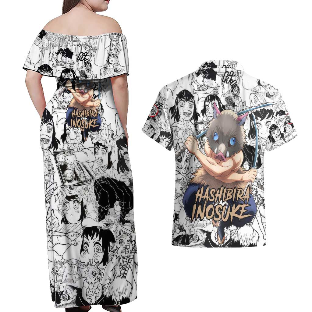 Hashibira Inosuke Manga Collage Demon Slayer Couples Matching Off Shoulder Maxi Dress and Hawaiian Shirt Anime Mix Manga Style