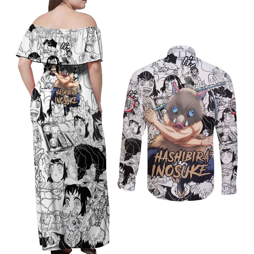 Hashibira Inosuke Manga Collage Demon Slayer Couples Matching Off Shoulder Maxi Dress and Long Sleeve Button Shirt Anime Mix Manga Style