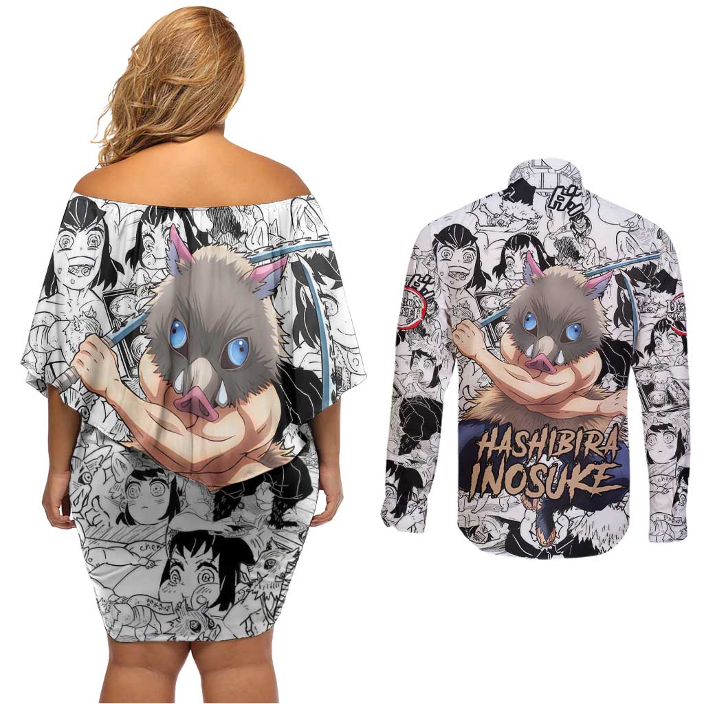 Hashibira Inosuke Manga Collage Demon Slayer Couples Matching Off Shoulder Short Dress and Long Sleeve Button Shirt Anime Mix Manga Style
