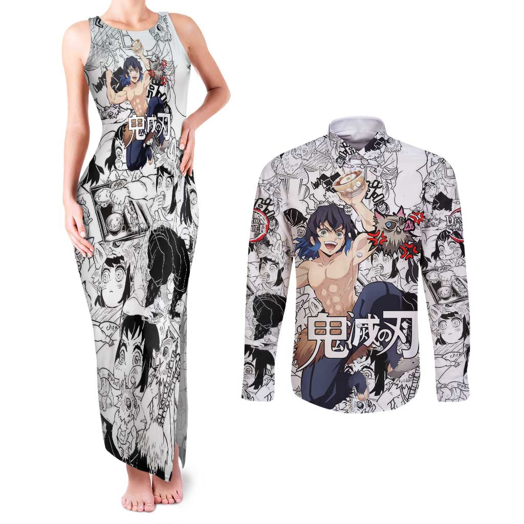 Hashibira Inosuke Manga Collage Demon Slayer Couples Matching Tank Maxi Dress and Long Sleeve Button Shirt Anime Mix Manga Style