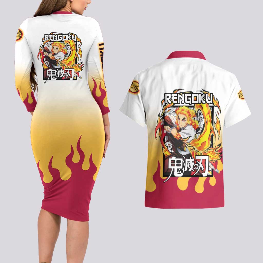 Kyojuro Rengoku Haori Demon Slayer Couples Matching Long Sleeve Bodycon Dress and Hawaiian Shirt Anime Style