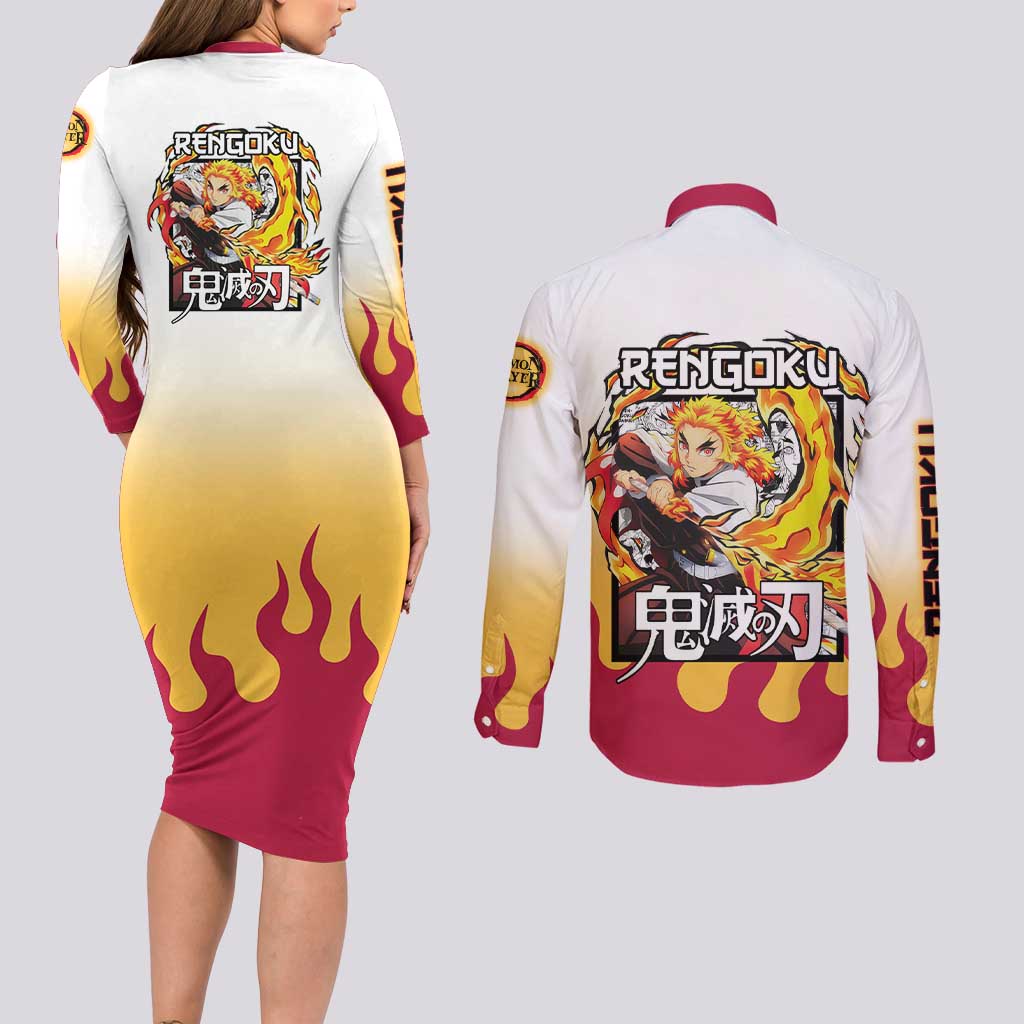 Kyojuro Rengoku Haori Demon Slayer Couples Matching Long Sleeve Bodycon Dress and Long Sleeve Button Shirt Anime Style