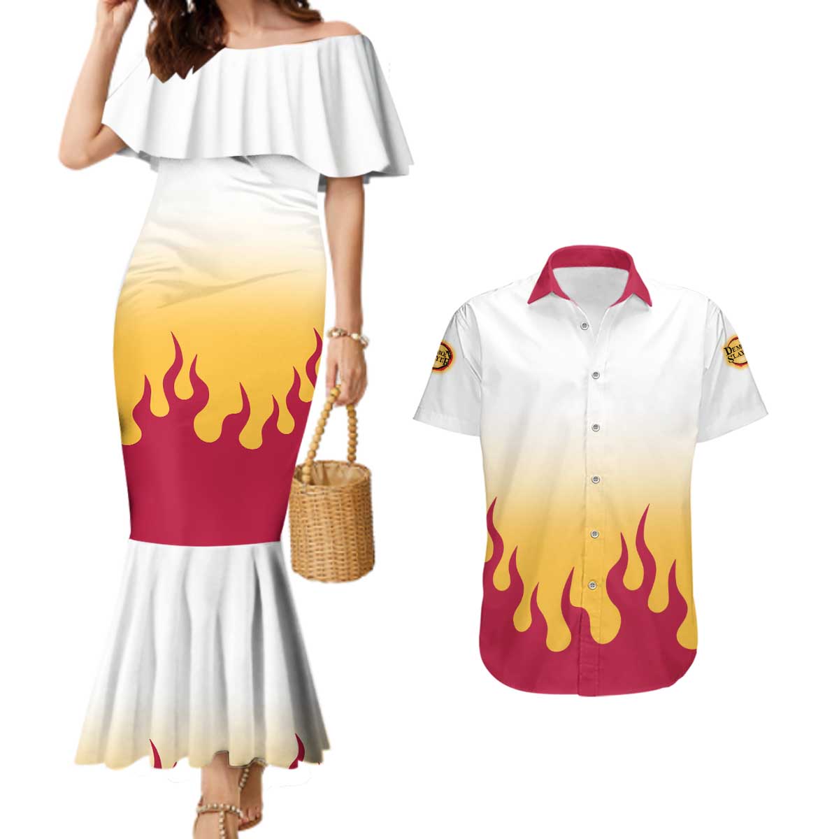 Kyojuro Rengoku Haori Demon Slayer Couples Matching Mermaid Dress and Hawaiian Shirt Anime Style