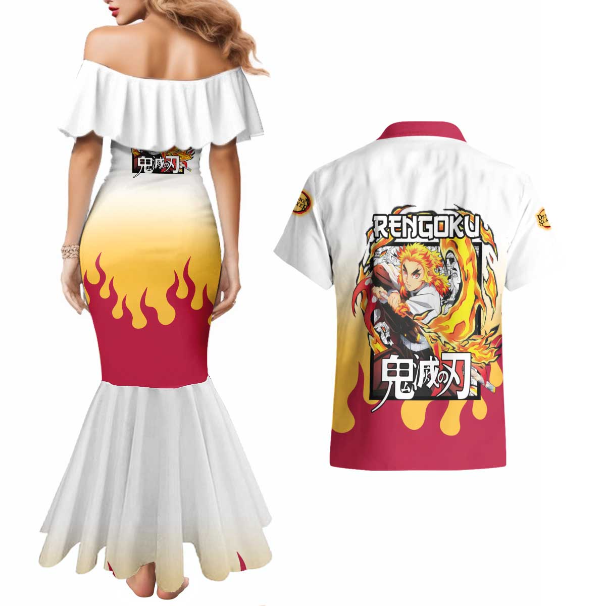 Kyojuro Rengoku Haori Demon Slayer Couples Matching Mermaid Dress and Hawaiian Shirt Anime Style
