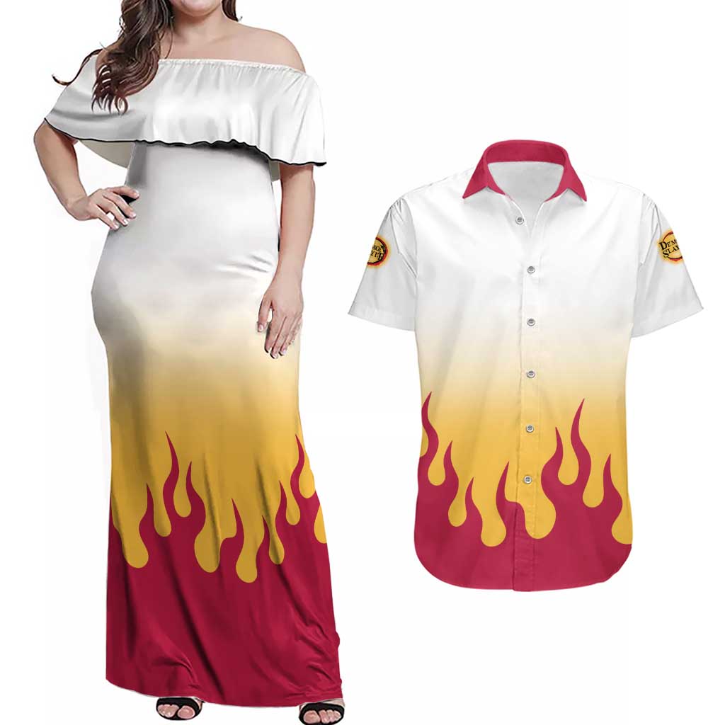 Kyojuro Rengoku Haori Demon Slayer Couples Matching Off Shoulder Maxi Dress and Hawaiian Shirt Anime Style