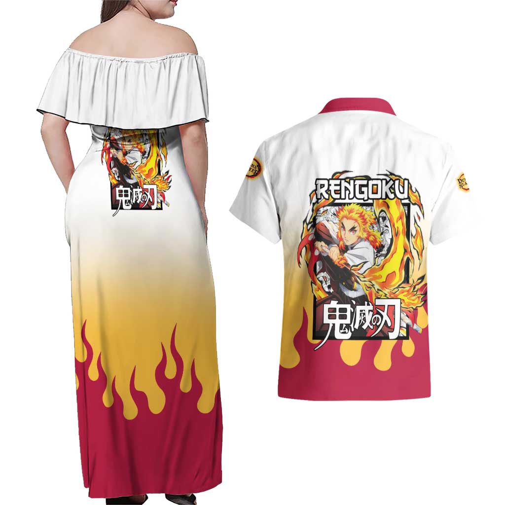 Kyojuro Rengoku Haori Demon Slayer Couples Matching Off Shoulder Maxi Dress and Hawaiian Shirt Anime Style