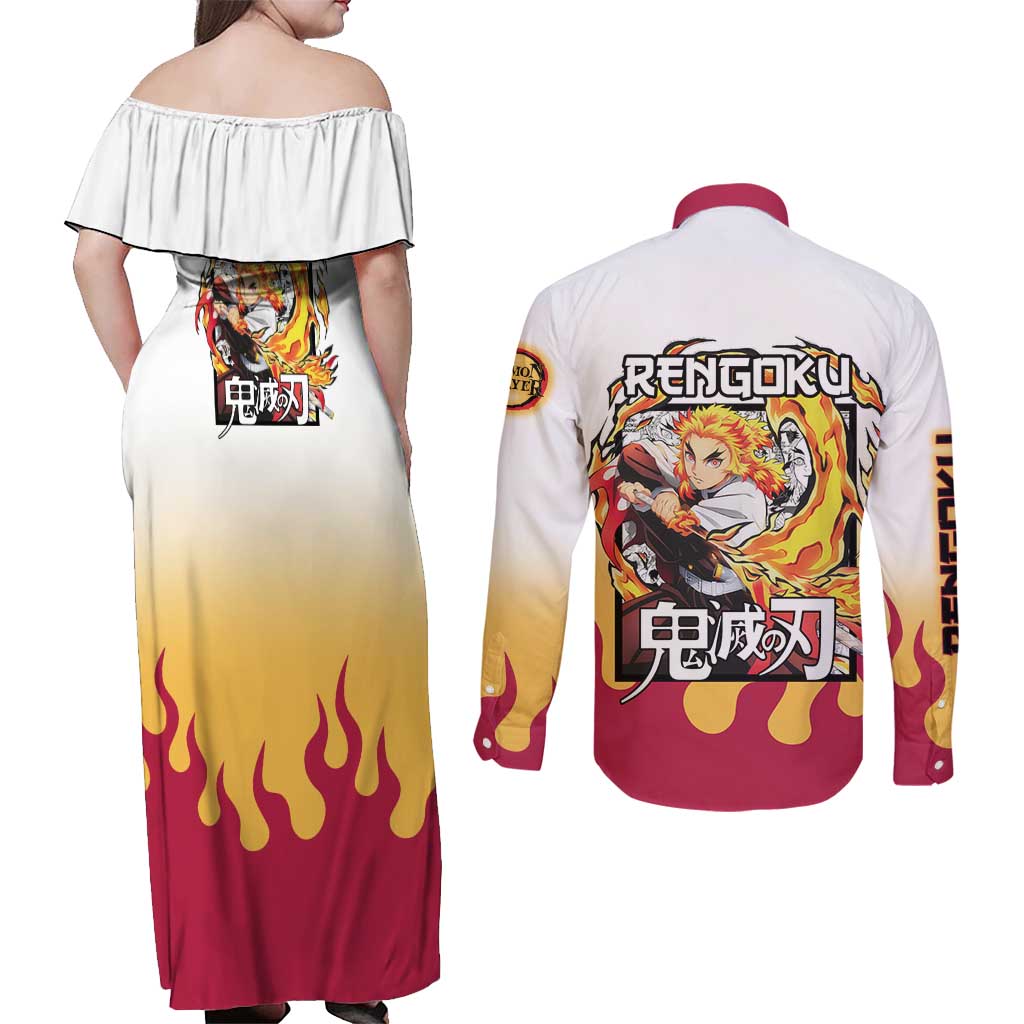 Kyojuro Rengoku Haori Demon Slayer Couples Matching Off Shoulder Maxi Dress and Long Sleeve Button Shirt Anime Style