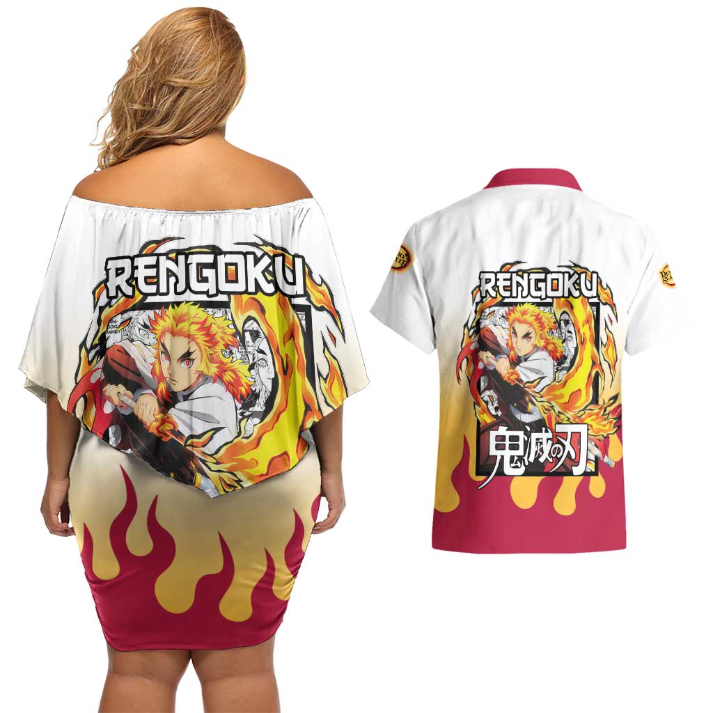 Kyojuro Rengoku Haori Demon Slayer Couples Matching Off Shoulder Short Dress and Hawaiian Shirt Anime Style