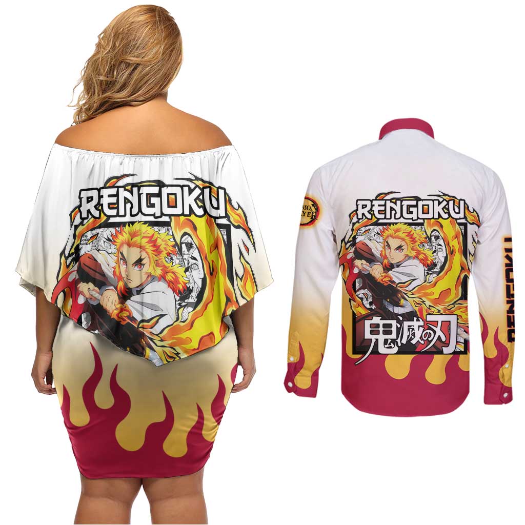 Kyojuro Rengoku Haori Demon Slayer Couples Matching Off Shoulder Short Dress and Long Sleeve Button Shirt Anime Style