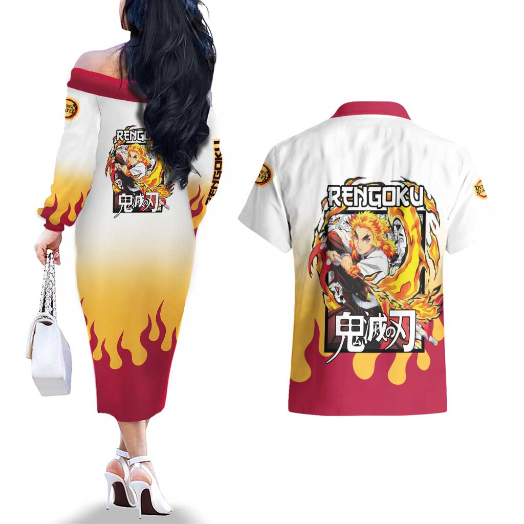 Kyojuro Rengoku Haori Demon Slayer Couples Matching Off The Shoulder Long Sleeve Dress and Hawaiian Shirt Anime Style