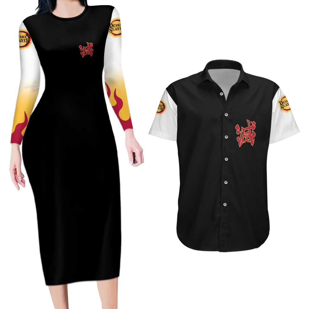 Kyojuro Rengoku V2 Demon Slayer Couples Matching Long Sleeve Bodycon Dress and Hawaiian Shirt Anime Style