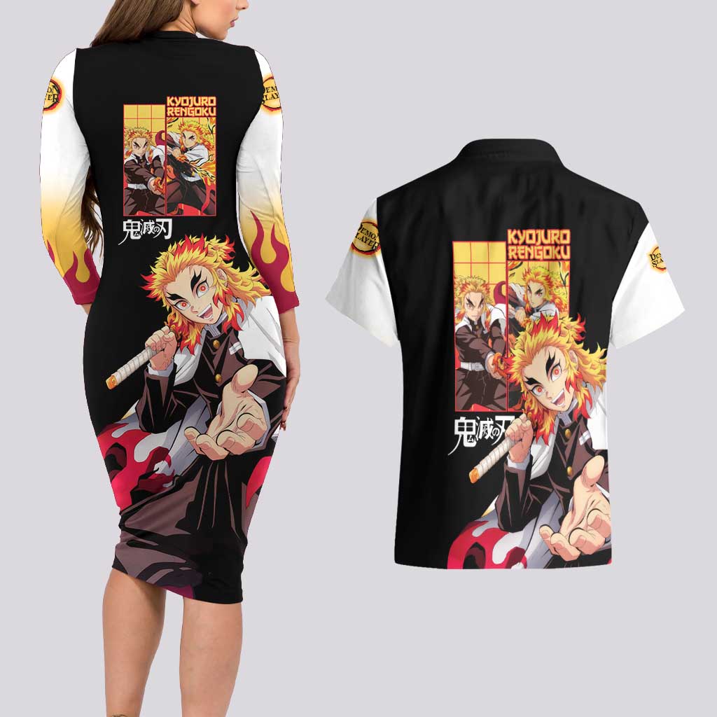 Kyojuro Rengoku V2 Demon Slayer Couples Matching Long Sleeve Bodycon Dress and Hawaiian Shirt Anime Style