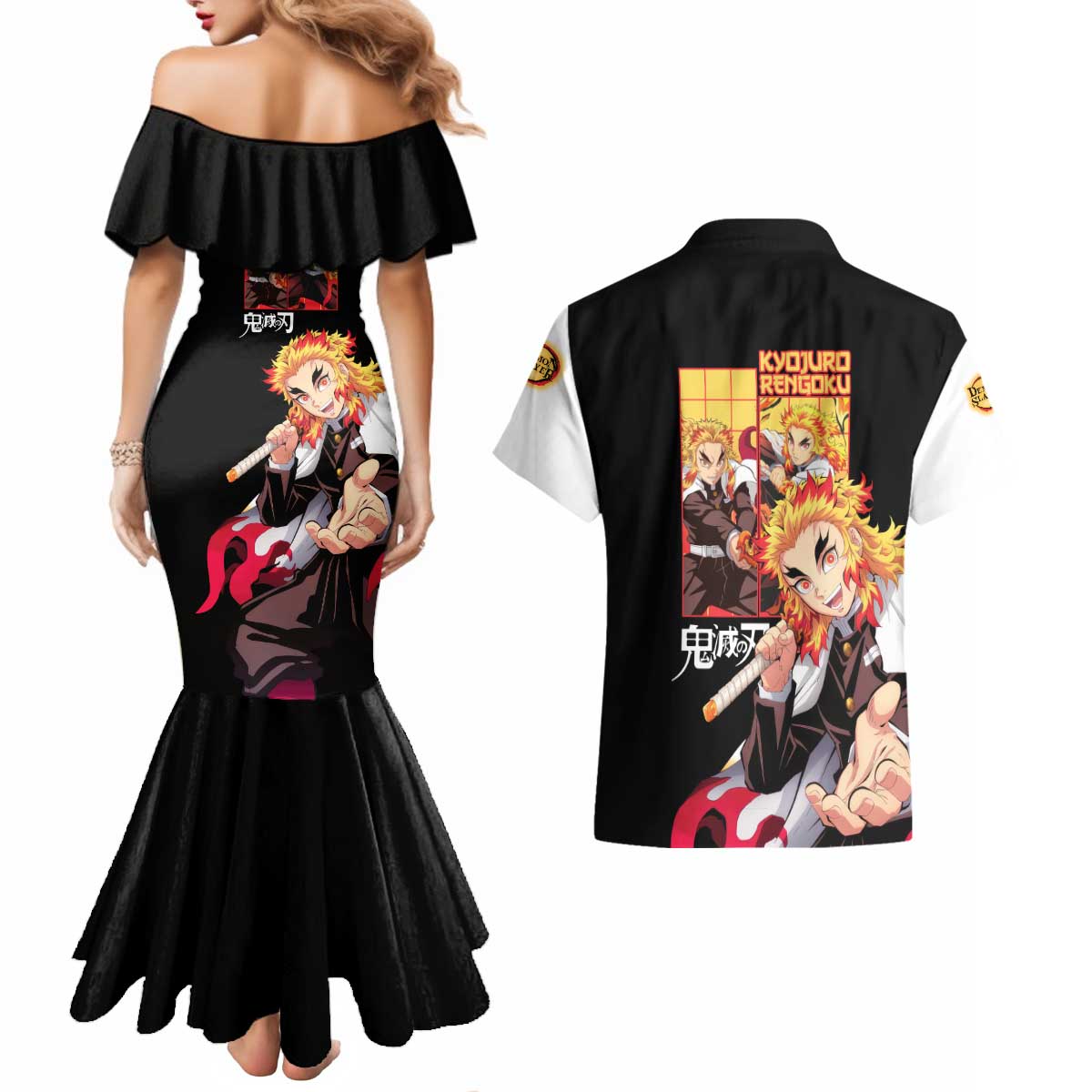Kyojuro Rengoku V2 Demon Slayer Couples Matching Mermaid Dress and Hawaiian Shirt Anime Style