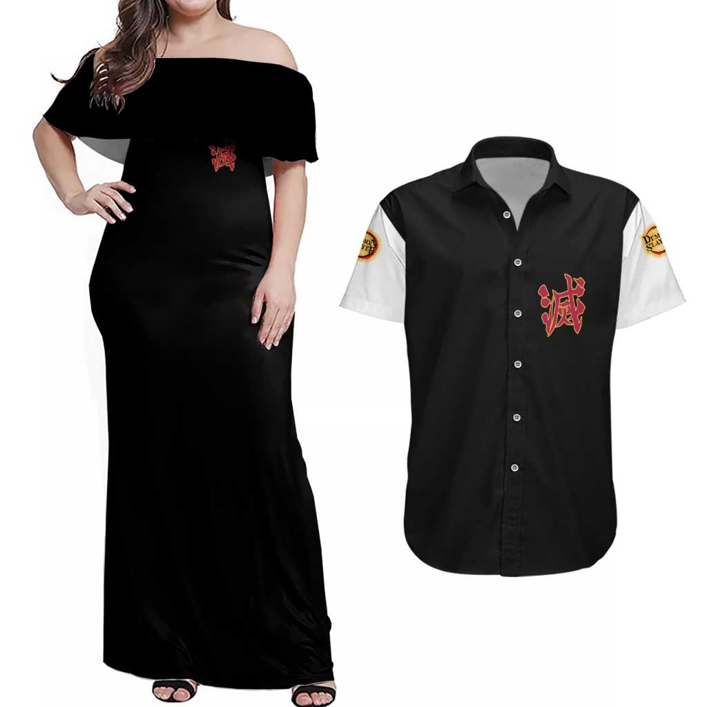 Kyojuro Rengoku V2 Demon Slayer Couples Matching Off Shoulder Maxi Dress and Hawaiian Shirt Anime Style