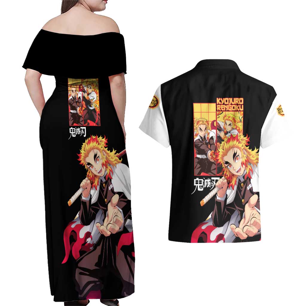 Kyojuro Rengoku V2 Demon Slayer Couples Matching Off Shoulder Maxi Dress and Hawaiian Shirt Anime Style
