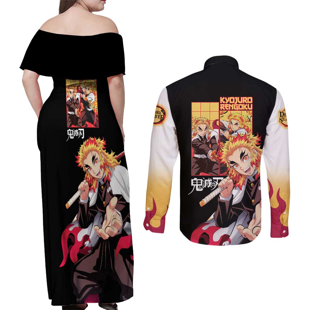 Kyojuro Rengoku V2 Demon Slayer Couples Matching Off Shoulder Maxi Dress and Long Sleeve Button Shirt Anime Style