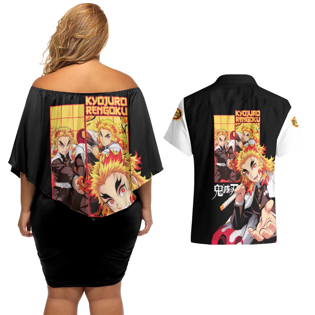 Kyojuro Rengoku V2 Demon Slayer Couples Matching Off Shoulder Short Dress and Hawaiian Shirt Anime Style