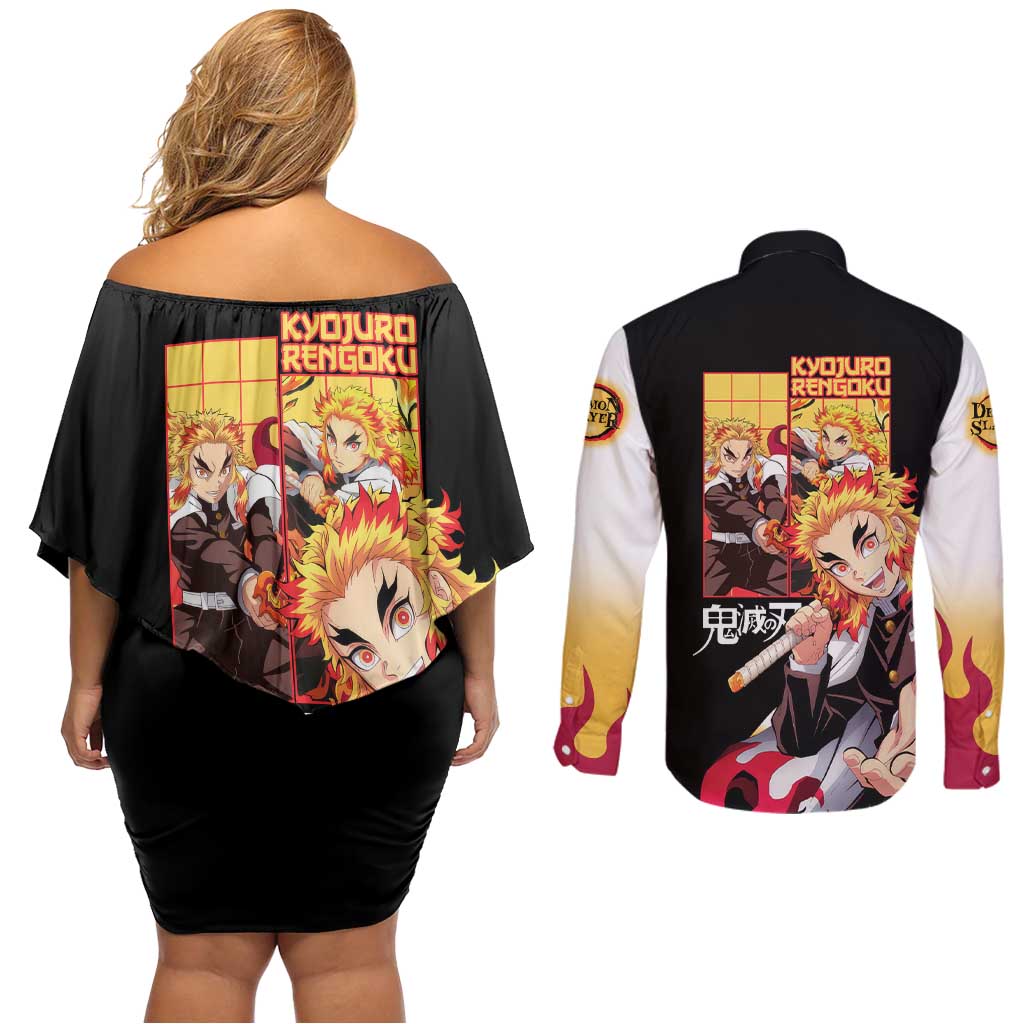 Kyojuro Rengoku V2 Demon Slayer Couples Matching Off Shoulder Short Dress and Long Sleeve Button Shirt Anime Style