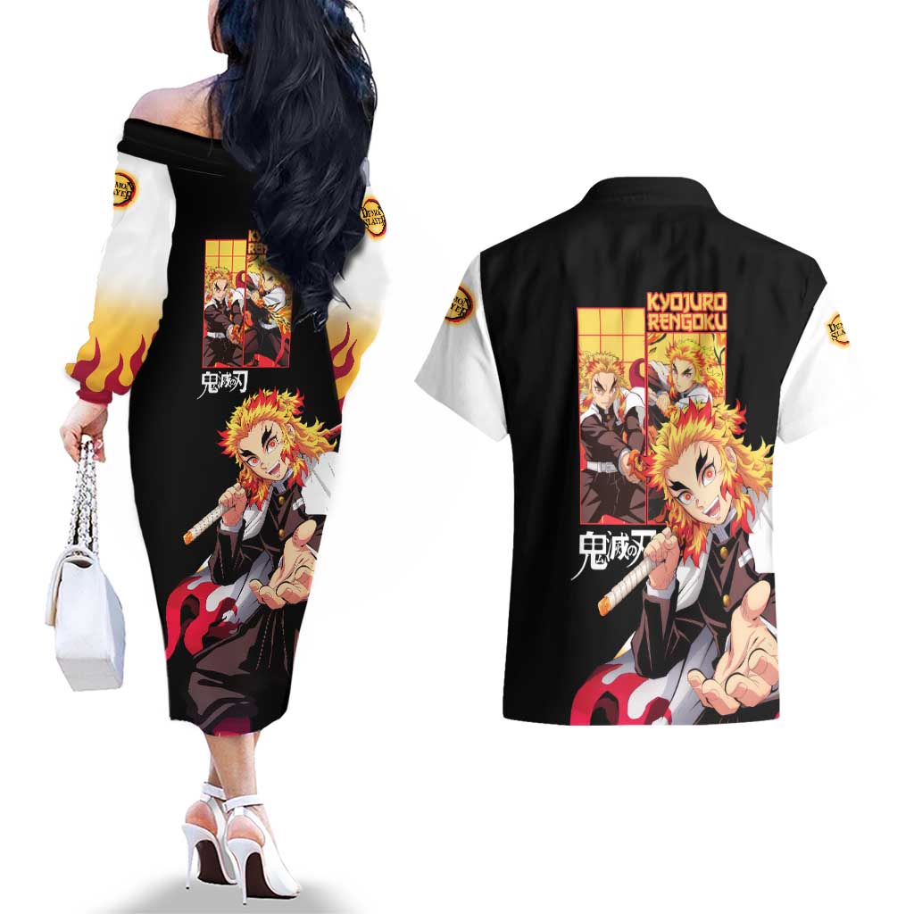Kyojuro Rengoku V2 Demon Slayer Couples Matching Off The Shoulder Long Sleeve Dress and Hawaiian Shirt Anime Style