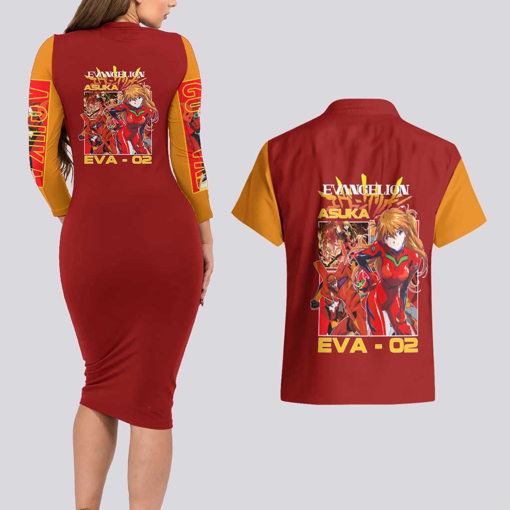 Asuka Langley Sohryu x Eva 02 Neon Genesis Evangelion Couples Matching Long Sleeve Bodycon Dress and Hawaiian Shirt Anime Style