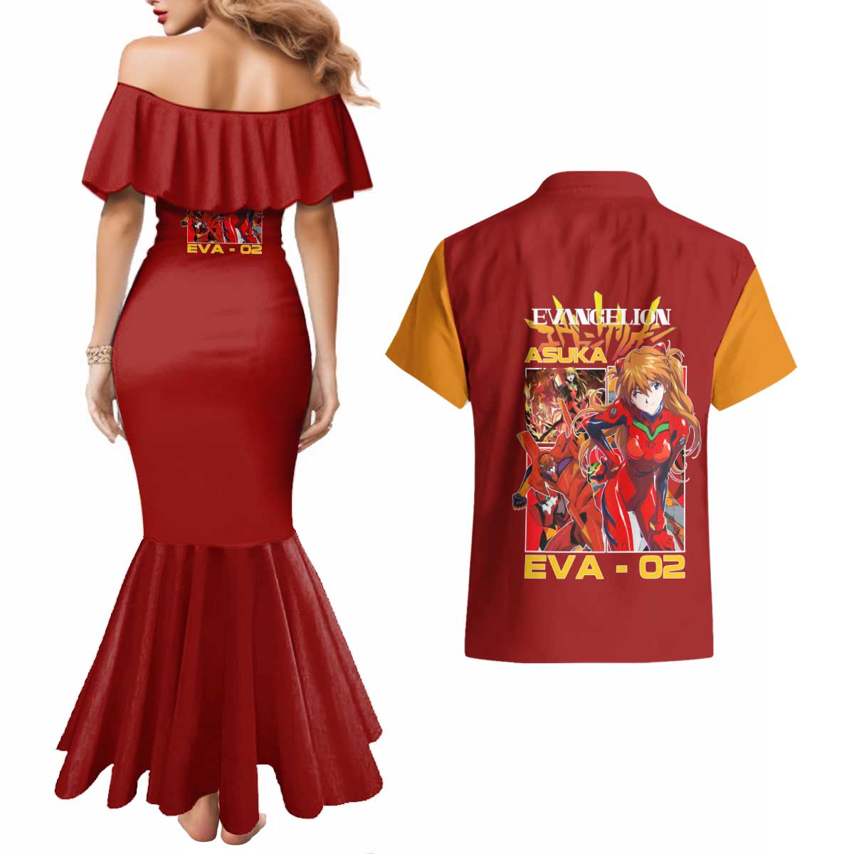 Asuka Langley Sohryu x Eva 02 Neon Genesis Evangelion Couples Matching Mermaid Dress and Hawaiian Shirt Anime Style