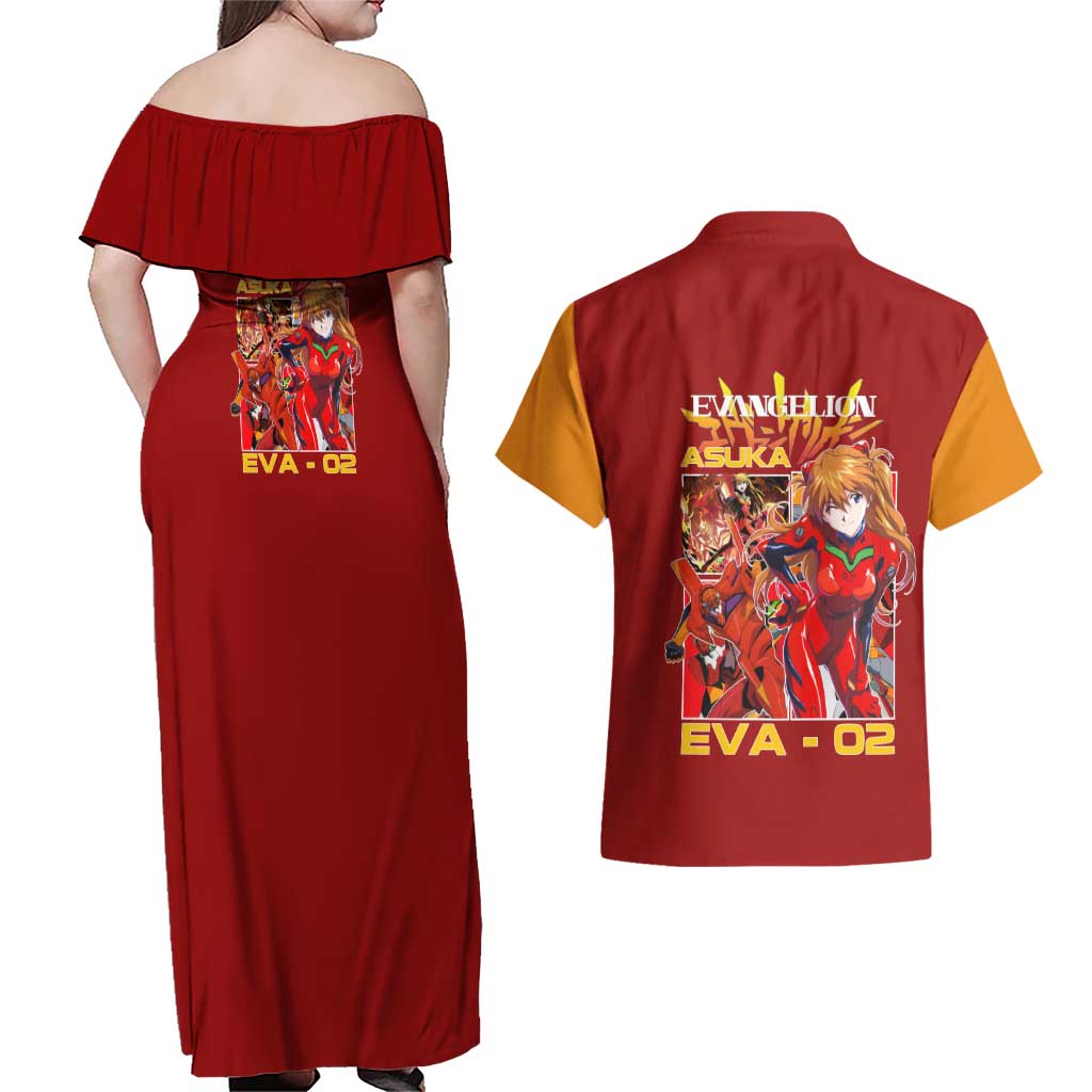Asuka Langley Sohryu x Eva 02 Neon Genesis Evangelion Couples Matching Off Shoulder Maxi Dress and Hawaiian Shirt Anime Style