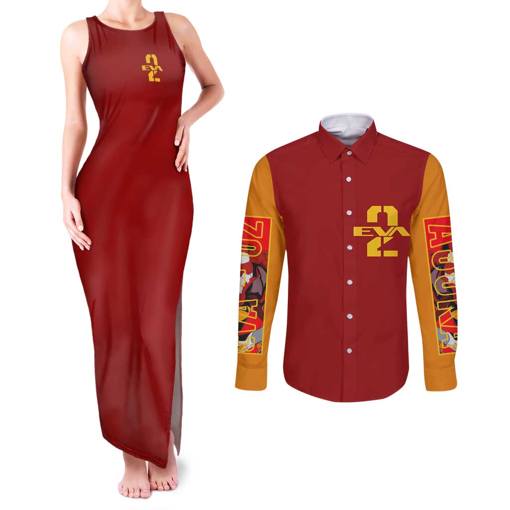 Asuka Langley Sohryu x Eva 02 Neon Genesis Evangelion Couples Matching Tank Maxi Dress and Long Sleeve Button Shirt Anime Style