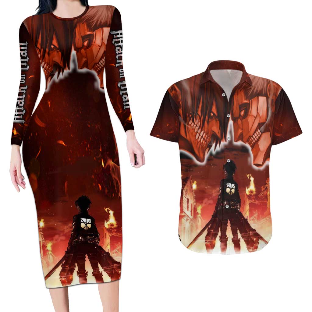 Burning Attack on Titan Couples Matching Long Sleeve Bodycon Dress and Hawaiian Shirt Anime  Mix Trippy Style