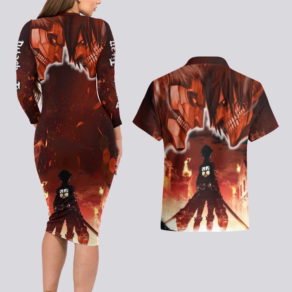 Burning Attack on Titan Couples Matching Long Sleeve Bodycon Dress and Hawaiian Shirt Anime  Mix Trippy Style
