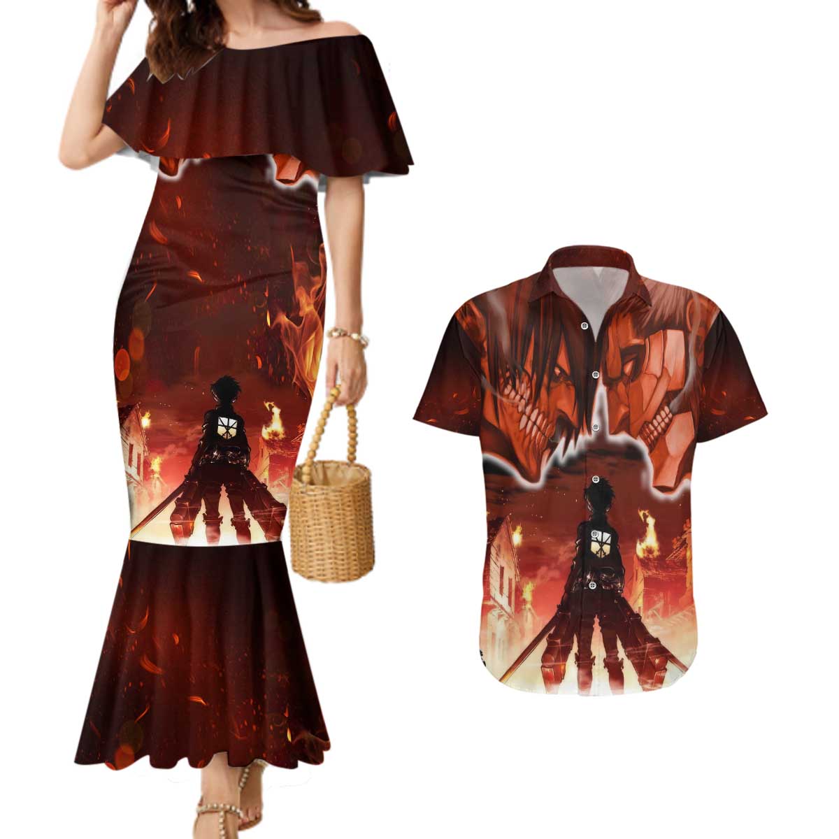 Burning Attack on Titan Couples Matching Mermaid Dress and Hawaiian Shirt Anime  Mix Trippy Style