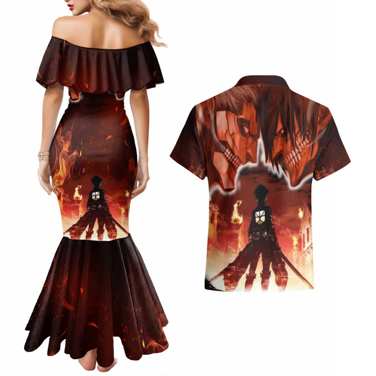 Burning Attack on Titan Couples Matching Mermaid Dress and Hawaiian Shirt Anime  Mix Trippy Style