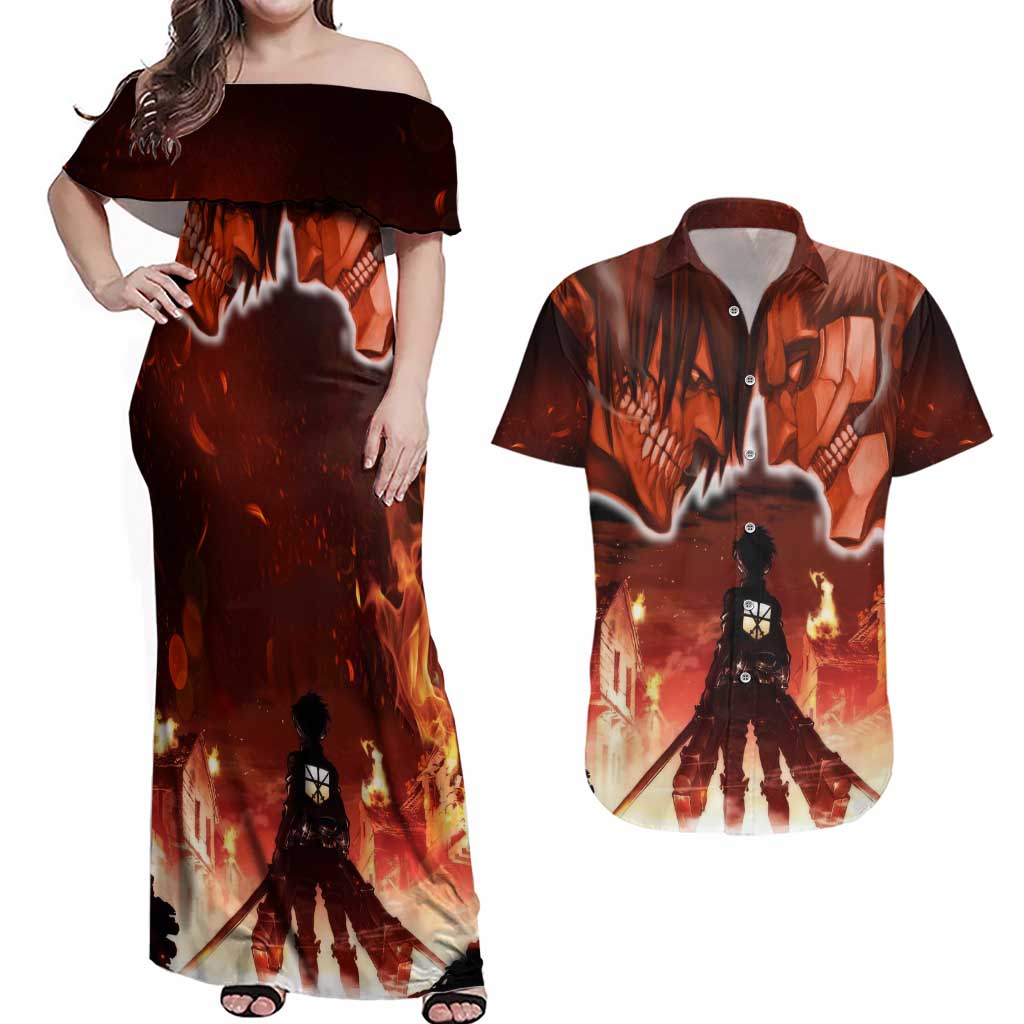 Burning Attack on Titan Couples Matching Off Shoulder Maxi Dress and Hawaiian Shirt Anime  Mix Trippy Style