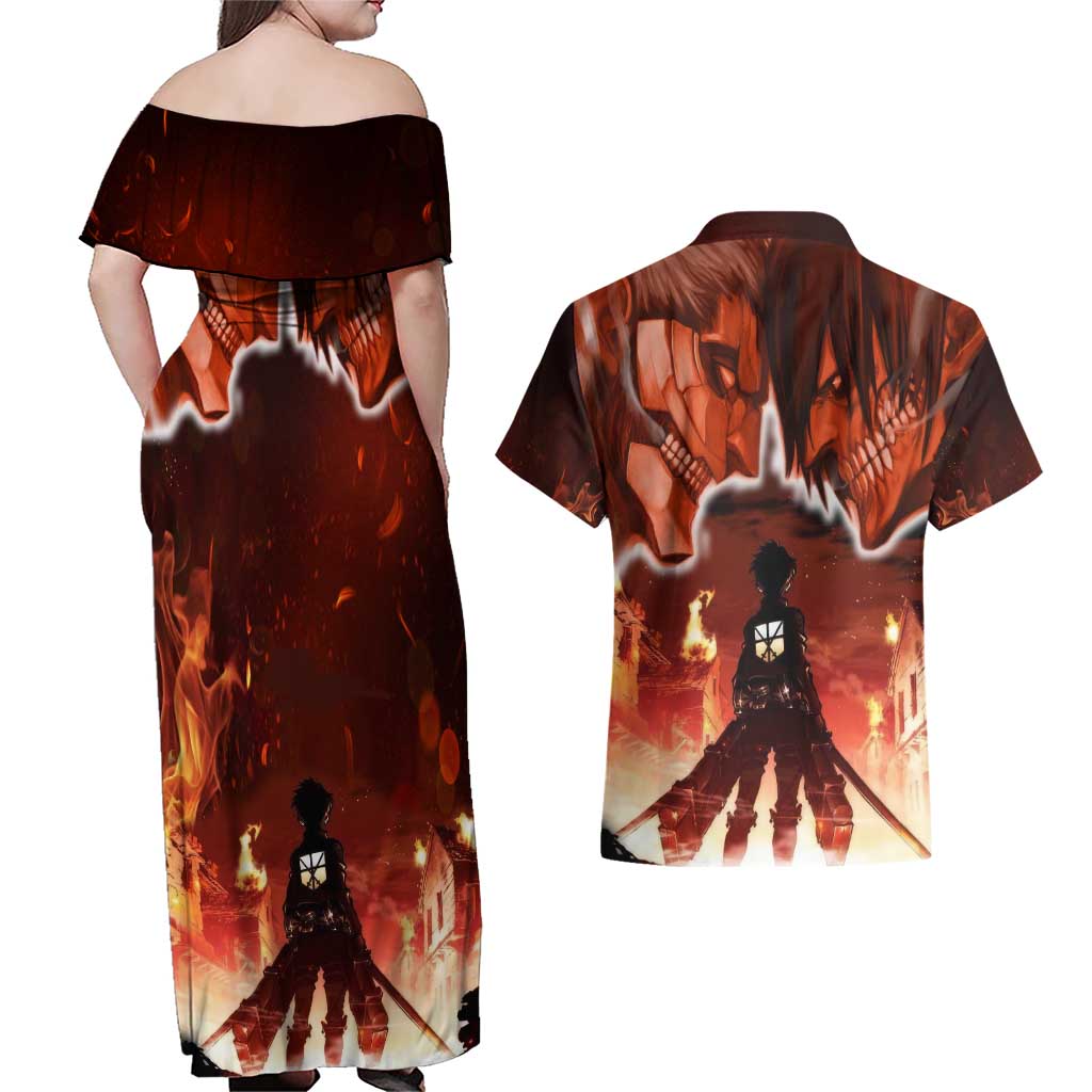 Burning Attack on Titan Couples Matching Off Shoulder Maxi Dress and Hawaiian Shirt Anime  Mix Trippy Style