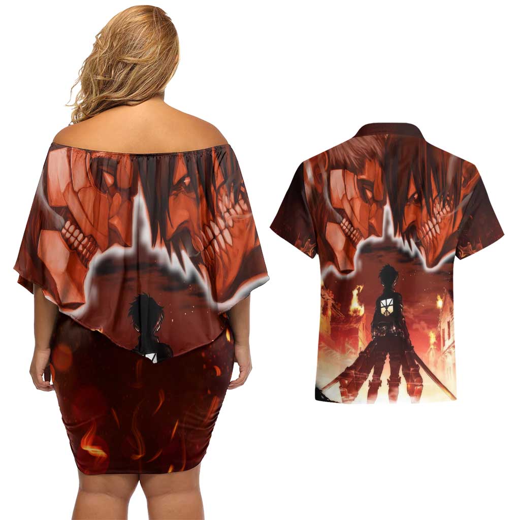 Burning Attack on Titan Couples Matching Off Shoulder Short Dress and Hawaiian Shirt Anime  Mix Trippy Style