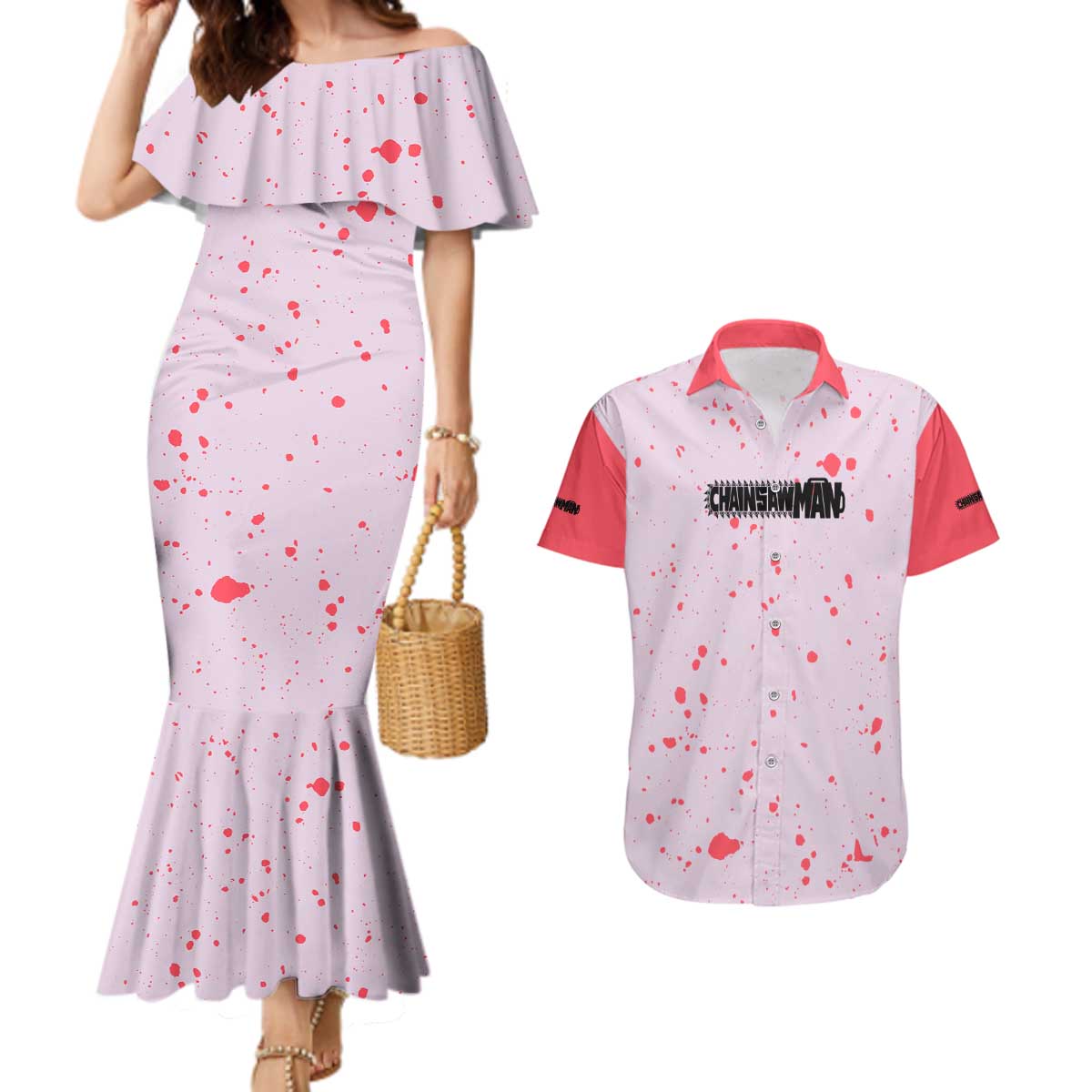 Public Safety Chainsaw Man Couples Matching Mermaid Dress and Hawaiian Shirt Anime Style