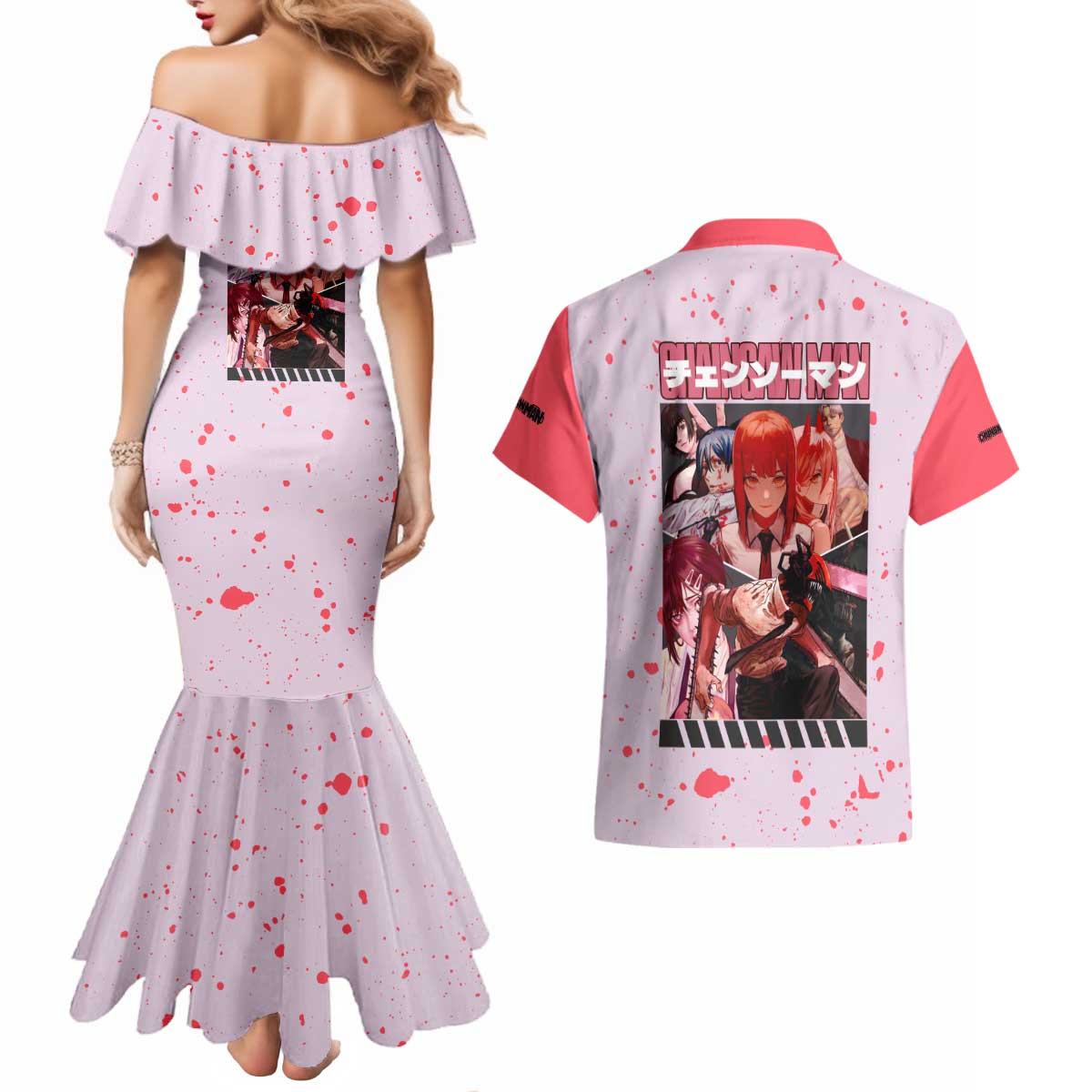 Public Safety Chainsaw Man Couples Matching Mermaid Dress and Hawaiian Shirt Anime Style