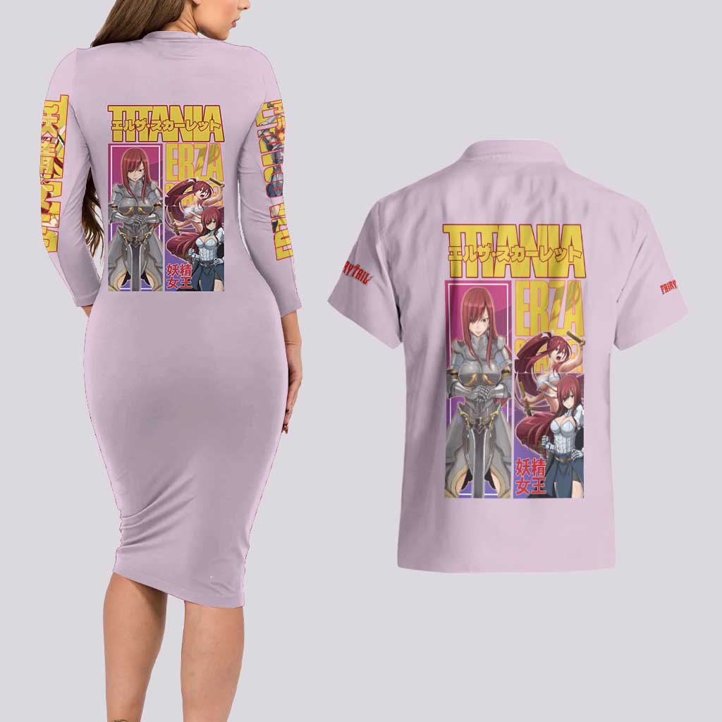 Erza Scarlet Fairy Tail Couples Matching Long Sleeve Bodycon Dress and Hawaiian Shirt Anime Style