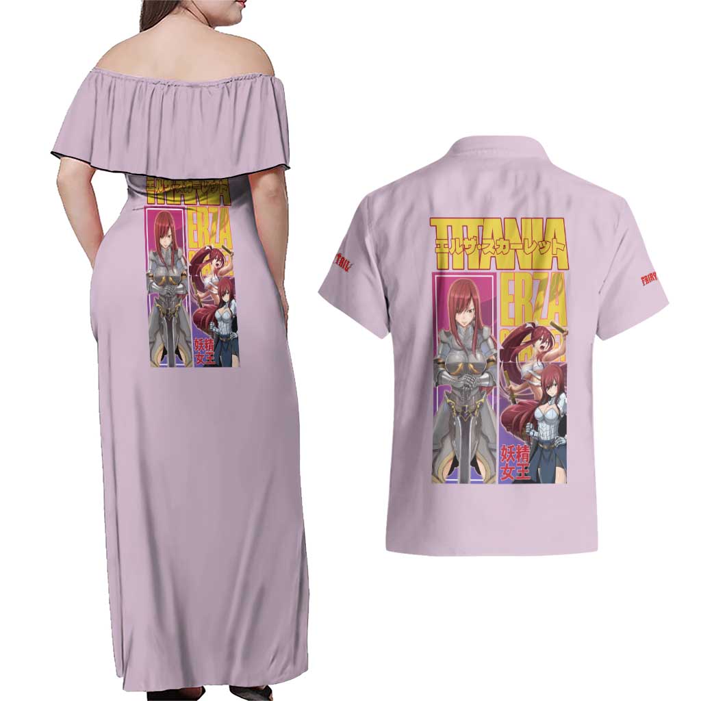 Erza Scarlet Fairy Tail Couples Matching Off Shoulder Maxi Dress and Hawaiian Shirt Anime Style